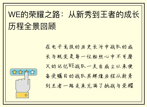 WE的荣耀之路：从新秀到王者的成长历程全景回顾